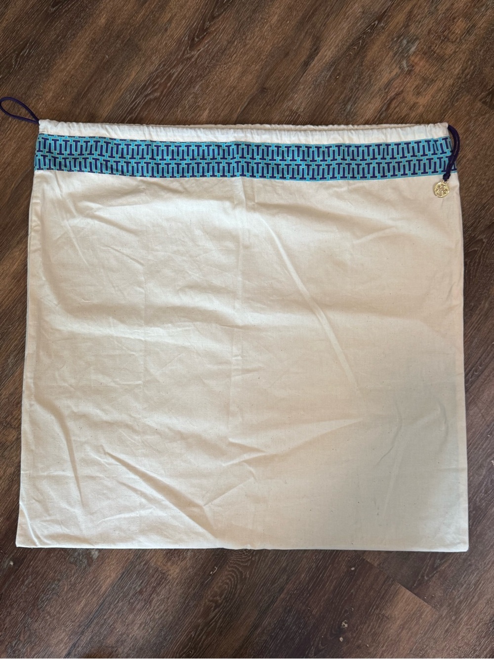 Tory Burch Canvas Dust Bag Drawstring Storage Pouch Cream Blue Gold Logo